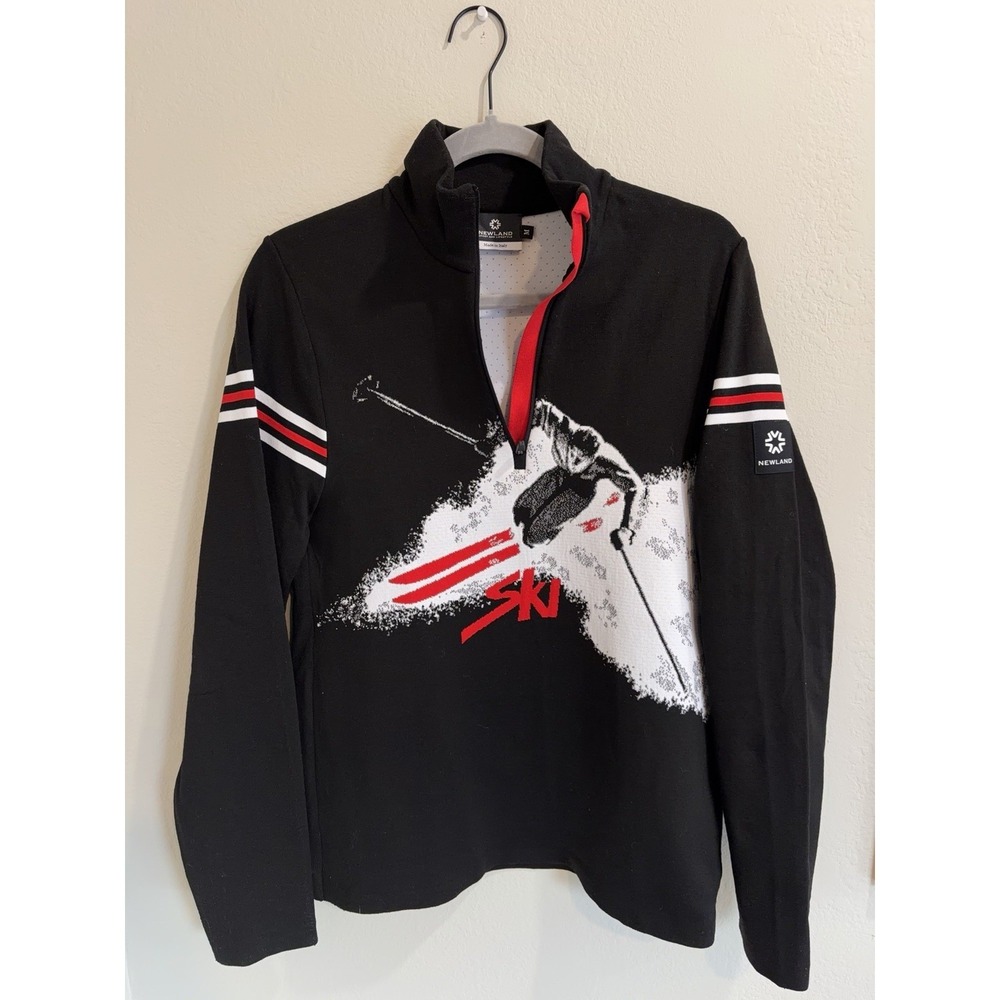 NEWLAND Men's Ski Sweater‎ Sz. M Skier Made Italy Quarter Zip Black